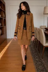 Chaqueta de corte sastre en color tostado, confeccionada en terciopelo con estructura precisa. Presenta cierre frontal con botones, bolsillos laterales con solapa y detalles de contraste en terciopelo oscuro en el cuello y los puños.