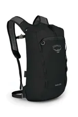 Mochila Osprey modelo Daylite Cinch, color negro, con cierre superior ajustable tipo cordón, bolsillo frontal con cierre y correas de hombro de malla transpirable.