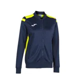 Campera deportiva Joma modelo Championship VI, color azul marino con detalles en amarillo en hombros y laterales. Cuenta con cierre frontal completo, bolsillos laterales con cierre y logo de la marca bordado en el pecho.