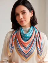 Pañuelo cuadrado de satén con estampado geométrico y floral en tonos turquesa, naranja, azul y beige.