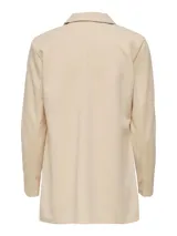 Blazer largo de punto elástico marca JDY, color beige, con cuello de solapas y diseño abierto sin botones.