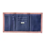 Billetera de pana color rosa con cierre de velcro y parche frontal con el logo de la marca bordado.