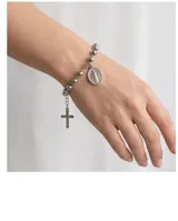 Pulsera de acero antialérgico estilo rosario, con cuentas esféricas, medalla colgante de la Virgen y dije de cruz en el extremo.