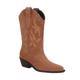 Bota de caña media color caramelo, de gamuza, con bordado de estrellas en el empeine y laterales.