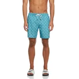 Short de baño color turquesa con estampado de pequeños pingüinos blancos, cuenta con cintura elástica con cordón ajustable y corte recto.