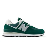 Championes urbanos New Balance modelo 574, color verde con detalles en gris y blanco, confeccionados en gamuza y malla, con logo "N" característico en los laterales y entresuela ENCAP.