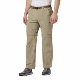 Pantalón de senderismo convertible en short, color beige, con cintura elástica, cinturón integrado, múltiples bolsillos cargo y cierre de seguridad.
