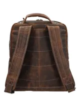 Maletín tipo mochila de cuero marrón con costuras decorativas en color azul, cierre frontal con cremallera y logo de pato grabado en el centro.