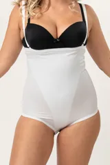 Faja modeladora blanca de alta contención abdominal, cavada, con breteles desmontables y regulables, reforzada en zona abdominal y broche en entrepierna con fundillo de algodón. Confeccionada con tela que contiene fibra LYCRA®.
