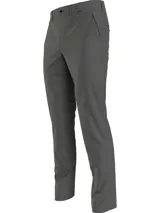 Pantalón de vestir color gris oscuro, corte slim, con cierre de botón y cremallera, trabillas para cinturón y bolsillos delanteros y traseros.