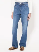 Jeans de tiro alto color azul, de corte recto y confeccionado en denim rígido.