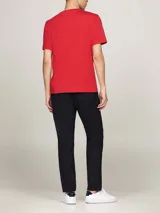 Remera roja de algodón con cuello redondo y manga corta. Presenta una franja horizontal en el pecho con los colores distintivos de la marca y el logo bordado.