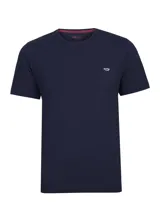 Remera de jersey RKF modelo Basic, color azul marino, de manga corta y cuello redondo. Cuenta con un pequeño parche bordado con forma de pato en el pecho y detalle en tono contrastante en el interior del cuello.