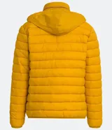 Campera ultraliviana de poliamida color gris claro, con cuello alto y cierre delantero.