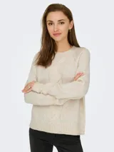 Sweater tejido de manga larga con cuello redondo y mangas raglán, con textura de cable y puños acanalados.