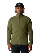 Campera polar verde militar con cierre frontal completo, cuello alto y bolsillos laterales con cierre. Confeccionada en tejido de vellón polar, cuenta con mangas raglán y pequeño logo de la marca bordado en el pecho.