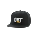 Gorra Caterpillar modelo Sheridan Flat Bill Cap, color negro, con visera plana y logotipo bordado en el frente en relieve con letras blancas y triángulo amarillo.
