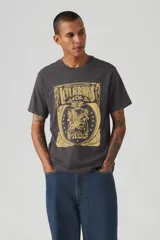 Remera gris oscuro de algodón con cuello redondo y estampado frontal de Levi's con un águila y estrellas en color dorado.