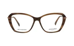 Armazón para anteojos Azzaro modelo 30393 col 2, de acetato color marrón con forma rectangular y detalles metálicos dorados en las bisagras.
