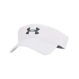 Visera deportiva Under Armour modelo Blitzing, color blanco con el logo de la marca bordado en relieve de color gris en la parte frontal.