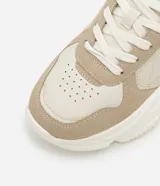 Championes urbanos color beige con detalles en cuero sintético y gamuza. Presentan cordones blancos, suela chunky y recortes contrastantes.