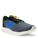 Championes de running New Balance modelo 430 V3, con capellada de malla gris jaspeado, logo lateral en color azul, detalles en amarillo y suela de espuma blanca.