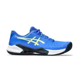 Championes de pádel Asics Gel-Challenger 14, color azul con detalles en amarillo neón. Presentan una estructura técnica con tecnología Wingwall para mayor estabilidad lateral, suela de goma resistente y entresuela con amortiguación para un rendimiento óptimo en la cancha.