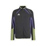 Campera deportiva Adidas F50 Woven, color gris oscuro con detalles en amarillo y violeta. Cuenta con cierre frontal, cuello alto, bolsillos con cremallera y logo de Adidas bordado en el pecho.