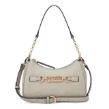 Cartera Guess modelo Celestia, de color gris, confeccionada en material sintético con textura geométrica en relieve y logo de la marca estampado. Cuenta con cierre superior, herrajes dorados, detalle de hebilla con el nombre de la marca al frente y correa ajustable para llevar al hombro o cruzada.