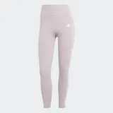 Calza de entrenamiento Adidas Optime 2.0, color lila claro, tiro alto, corte ajustado y largo hasta el tobillo. Presenta tres franjas blancas verticales en la parte inferior de las piernas y el logo de Adidas en blanco en el muslo derecho. Incluye bolsillo lateral.