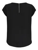 Camiseta básica negra de manga corta, con cuello redondo y diseño de espalda más larga.