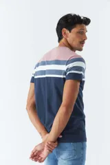 Remera de hombre a rayas horizontales en tonos rosa, blanco y azul marino. Tiene logo bordado en el pecho y corte regular.