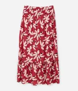 Pollera larga de viscosa con estampado floral, cintura elastizada con lazo y ruedo fruncido. Prenda plus size.