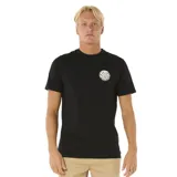 Remera negra de manga corta con logo circular estampado en el pecho.
