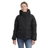 Campera puffer negra con capucha, cierre frontal con botones a presión, puños elastizados y forro interior de peluche.