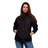 Campera acolchada negra con diseño de costuras en rombos, cierre frontal completo y cuello alto. Cuenta con bolsillos laterales con cierre y puños elásticos.
