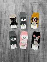 Pack de seis pares de medias tobilleras con diseños de diferentes razas de perros. Cada par presenta un color de fondo diferente y un diseño de perro en la parte frontal.