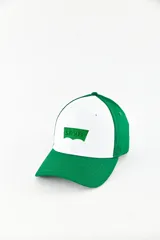 Gorra de béisbol con visera curva, diseño bicolor en verde y blanco con el logo de Levi's bordado en el frente.