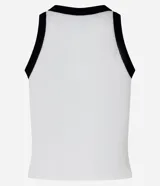 Musculosa blanca sin mangas de tejido seamless con cremallera frontal vertical y ribetes negros en contraste en el cuello y las sisas.