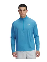 Buzo deportivo Under Armour de manga larga color celeste, con cuello alto y cierre frontal parcial. Confeccionado en tejido UA Tech ultrasuave y de secado rápido, cuenta con el logo de la marca estampado en el pecho en color blanco.