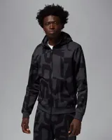 Campera con capucha y cierre frontal, color gris con estampado de letras negras.