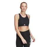 Top deportivo Adidas negro con espalda de malla y logo blanco en el frente. Confeccionado con tejido Aeroready que absorbe la humedad.