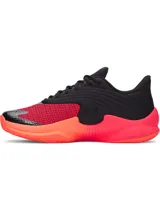 Championes de básquetbol Under Armour Curry Splash 26, con diseño bicolor en negro y rojo vibrante. Presentan capellada de tejido transpirable con refuerzos de TPU, cuello acolchado para mayor soporte y suela de goma resistente con tecnología de amortiguación reactiva UA HOVR.