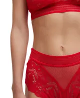 Bombacha tipo culotte de tiro alto confeccionada en encaje con diseño floral y detalles de red, con acabado semitransparente y cintura elástica ancha.