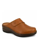 Zuecos de mujer Lombardino modelo Lexus, color marrón, confeccionados en cuero, con taco corrido imitación madera y detalle de tira con velcro y logo grabado en el lateral.