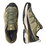 Championes de trekking Salomon modelo X Ultra 360 Leather, color verde militar con detalles en negro y beige, diseñados para senderismo con suela de gran agarre y refuerzos en cuero.
