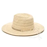 Sombrero de paja color beige con ala ancha y cinta decorativa con cuentas azules.