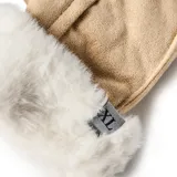 Guantes sin dedos de color beige con bordes de piel sintética blanca, confeccionados en material tipo gamuza.