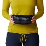Campera acolchada con capucha de la marca Mountain Hardwear, modelo Deloro Down. Presenta un diseño técnico con cierre frontal completo, bolsillos laterales con cremallera y puños con terminación elástica en color contrastante.
