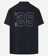 Remera deportiva negra de poliéster con cuello en V, mangas cortas y estampado frontal con el número 25 y el nombre del equipo NFL Giants en blanco.